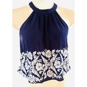 Caution To The Wind Anthropologie Halter Tank Top Blue White Embroidery Festival